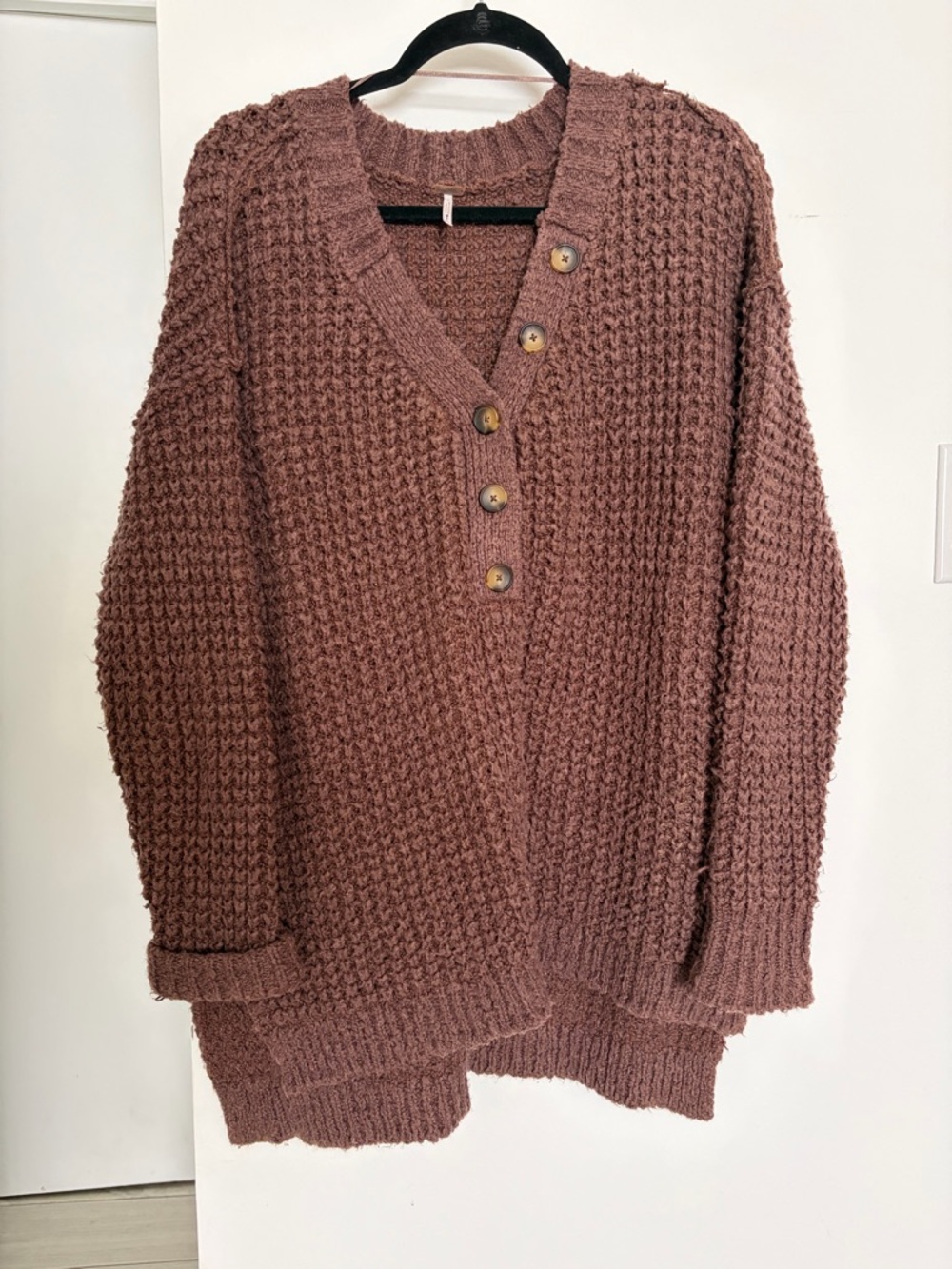 Free People V-Neck Chunky Knit Sweater - Mauve Brown
